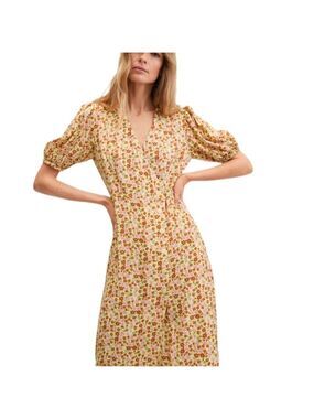 NWT Mango boho butter yellow floral print balloon sleeve wrap midi dress XS